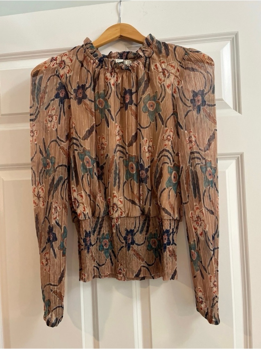 Joie Beige Floral Pleated Long-Sleeve Blouse